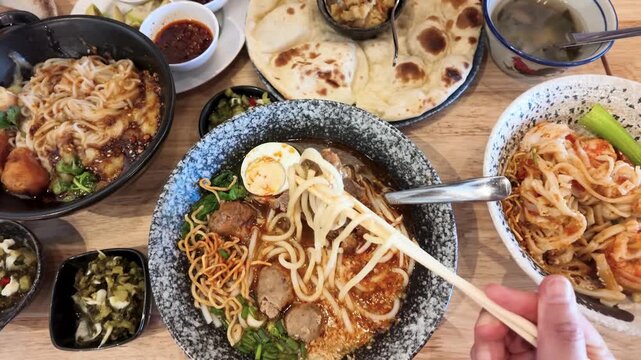 Overhead View of Person Eating Burmese Mee Shay Beef Noodles