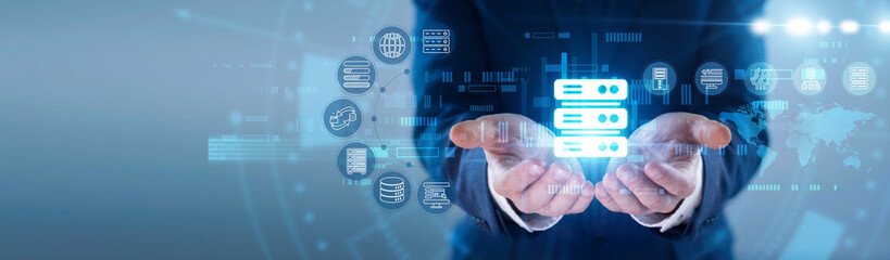 Obraz premium Admin hands hold glowing HOSTING icon. Engineer managing cloud server networks, optimizing web storage databases on futuristic virtual screen interface. Concept of data center architecture.
