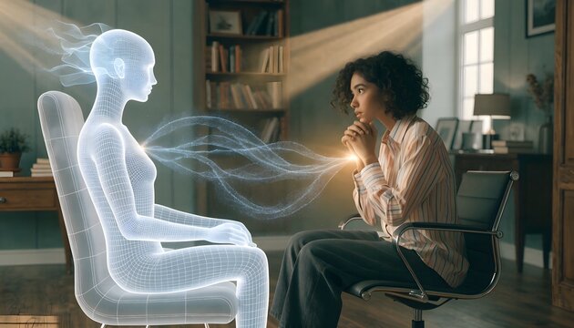 Holographic AI therapist listening to patient in office with light beam connection. Conceptual vector illustration of future mental health care, artificial intelligence, and psychology.