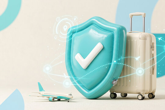 Large 3D cyan shield with white checkmark standing beside a beige travel suitcase