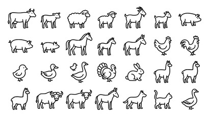 Fototapeta premium Cute Farm Animal Monoline Icons Vector Collection with Livestock Poultry and Editable Line Art