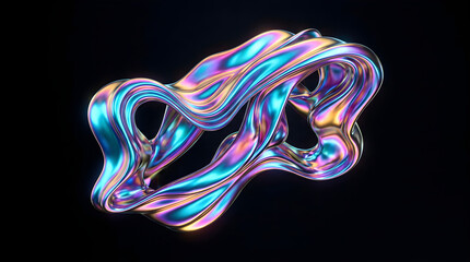 Obraz premium Abstract iridescent metallic 3d shape with fluid curves and holographic reflections on a dark background