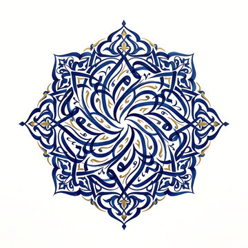 Intricate Blue and Gold Arabic Calligraphy Mandala Ornament on Transparent Background Isolated on White