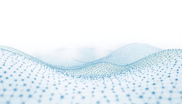 Abstract digital wave pattern made of glowing blue data particles on white background with particle technology abstract connection information communication movement geometric software