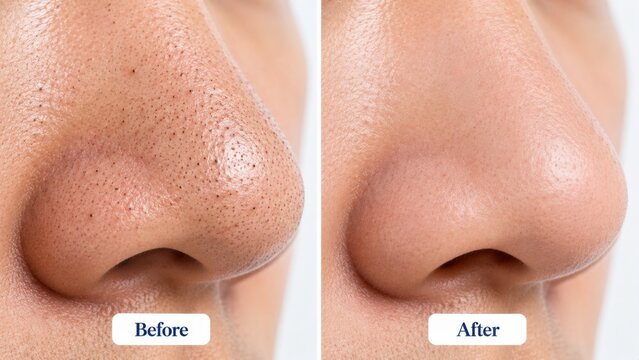 Nose blackheads removal before after comparison view skin texture improvement for facial care clinics.