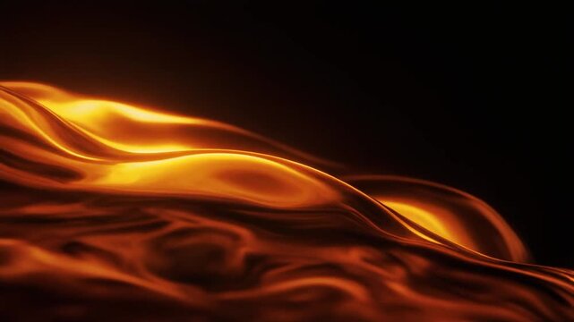 Glowing molten glass ripples in continuous waves, warm amber light pulsing through translucent material with dramatic rim lighting across dark background in artisanal industrial motion.