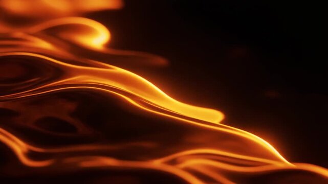 Glowing molten glass ripples in continuous waves, warm amber light pulsing through translucent material with dramatic rim lighting across dark background in artisanal industrial motion.
