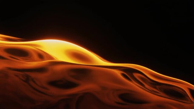 Glowing molten glass ripples in continuous waves, warm amber light pulsing through translucent material with dramatic rim lighting across dark background in artisanal industrial motion.