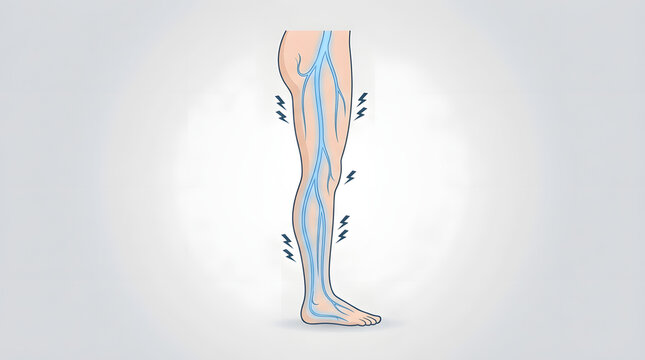 Illustration of a human leg showing veins and blood flow with subtle pulsating indications.