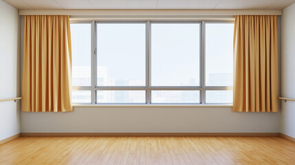 Fototapeta premium Empty room with large window, natural light, wooden floor, beige curtain, barrier free interior, wide space