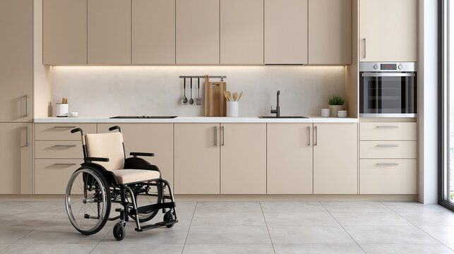 Accessible kitchen wheelchair modern cabinet beige interior natural light ergonomic layout adult home