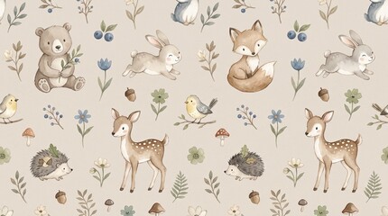 Obraz premium Seamless watercolor woodland animal pattern with bear, rabbit, fox, deer, hedgehog, bird, flowers, berries, acorns and leaves on beige background, cute nursery design