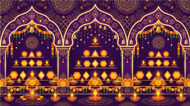 Intricate diwali vector illustration featuring glowing clay oil lamps arranged under elegant traditional arches with vibrant golden marigold flower garlands