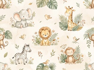 Obraz premium Seamless cute safari animal pattern with elephant, lion, giraffe, bunny, bear, fox, deer and botanical trees, neutral woodland nursery design for kids