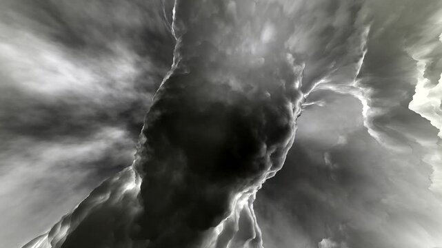 A stylized tornado forms a powerful dark storm cloud vortex with high contrast lighting and rapid rotation, presenting a dramatic weather phenomenon for visual effects and creative editing.