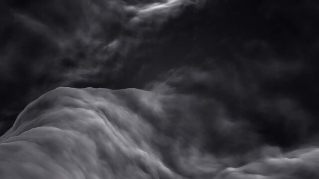 A stylized cloudy waves background features dark monochromatic volumetric storm clouds rolling in a dramatic and heavy atmospheric pattern for cinematic titles and creative media projects.