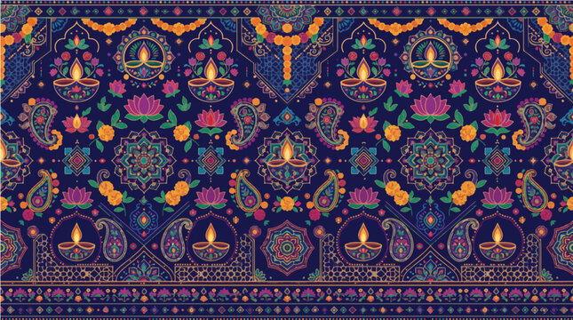 Intricate diwali celebration vector pattern featuring glowing oil lamps lotus flowers and decorative traditional indian paisley motifs in deep blue