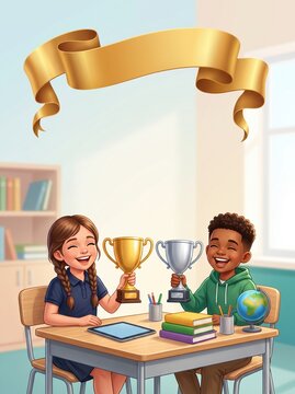 Cheerful illustrated children holding gold and silver trophies while sitting at school desks, representing achievement, education, competition success and back to school celebration design.
