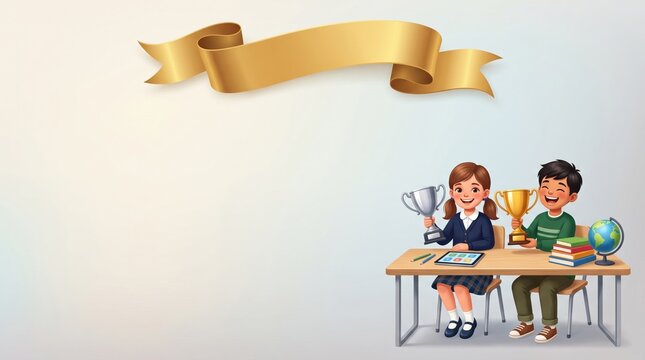 Cheerful illustrated children holding gold and silver trophies while sitting at school desks, representing achievement, education, competition success and back to school celebration design.