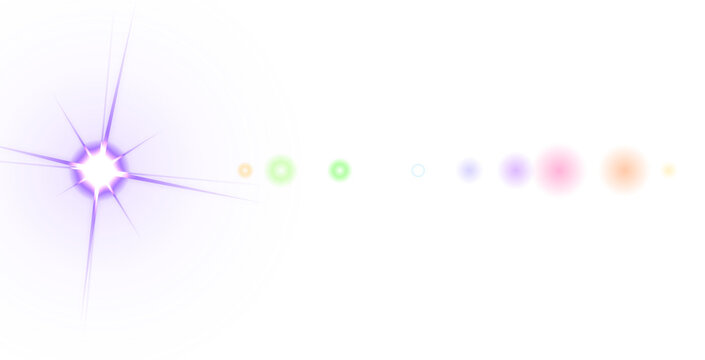 Large purple concentric circle with a central starburst flare and a horizontal row of colorful solid circles on a black background, isolated on a, transparent background