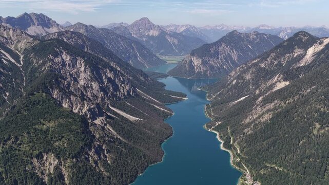 Lake Plansee Austria Ammergau Alps Austria alpine highlands Tyrol region, aerial landscape