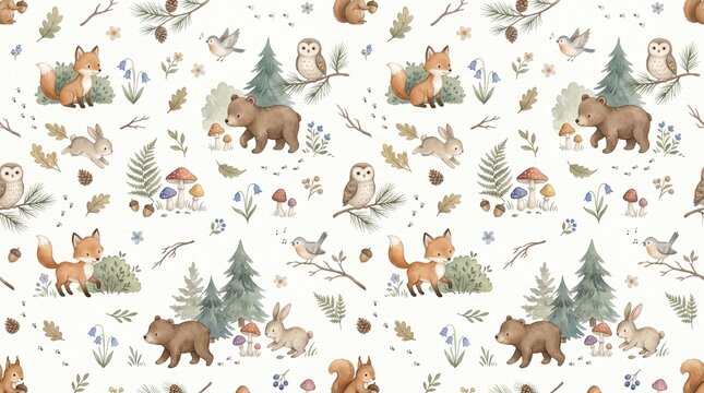 Seamless watercolor woodland animal pattern with fox, bear, rabbit, owl, squirrel, pine trees, mushrooms, leaves and acorns on white background, cute forest nursery design artwork.