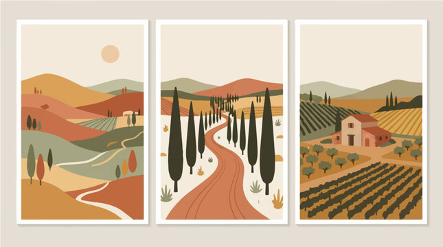 Minimalist vector illustration set depicting scenic tuscan countryside landscapes with rolling hills cypress trees rustic houses and golden sun elements