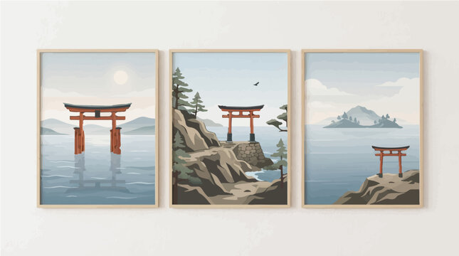 Minimalist vector illustration set depicting traditional japanese torii gates standing peacefully within calm serene ocean waters and rocky cliff coastlines