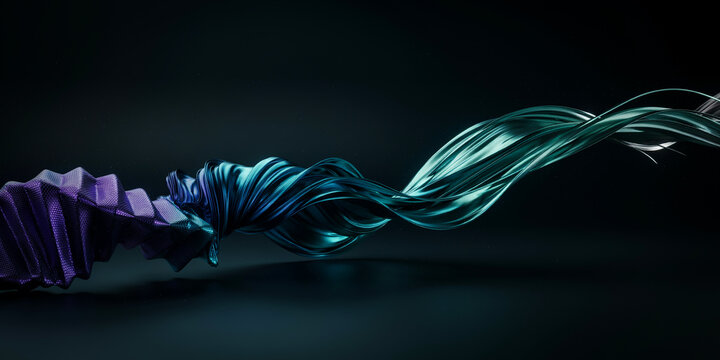 Dark abstract composition with pleated purple fabric and flowing teal silk ribbons