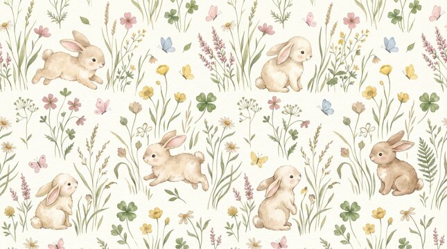 Seamless watercolor bunny pattern with cute rabbits, wildflowers, clover and meadow grass on cream background, adorable spring nursery design for children