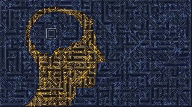 human head and brain silhouette composed of golden circuit board patterns, symbolizing advanced artificial intelligence and innovation, loopable animation