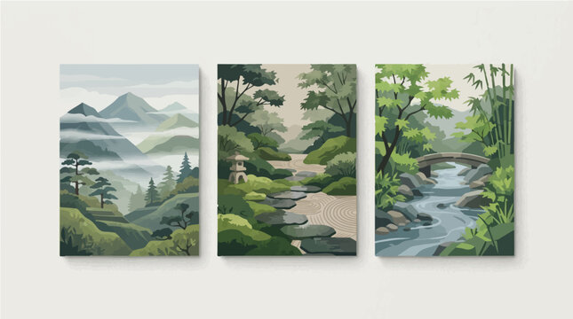 Japanese garden landscape triptych vector illustration featuring misty mountains peaceful zen stones and a flowing river stream with lush greenery