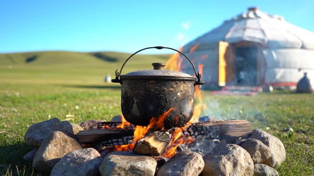 Outdoor cooking experience with a rustic pot over a crackling campfire, set against a traditional nomadic tent on a vast grassy plain under a clear blue sky.