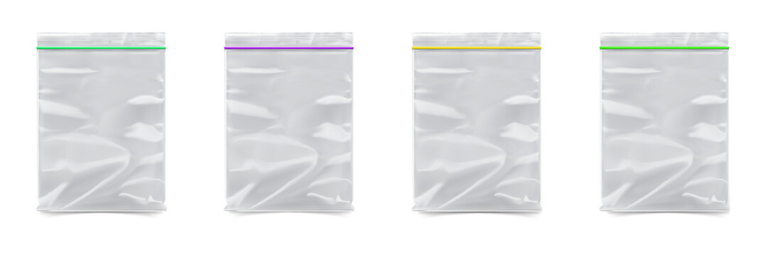 Four gray zip lock bags with colored stripes on transparent background