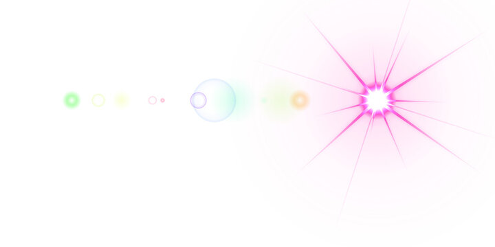 Bright pink circular light beam with concentric rings and a horizontal flare effect featuring colorful glowing lens flares on a black background, isolated on a, transparent background