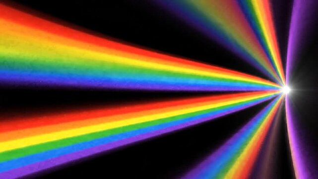 Rainbow beams expand and retract from a bright light on black