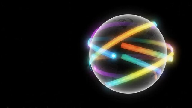 Neon ribbons orbiting around globe in dark space