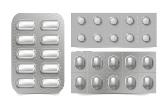 Blister packs of white pills on gray packaging on transparent background