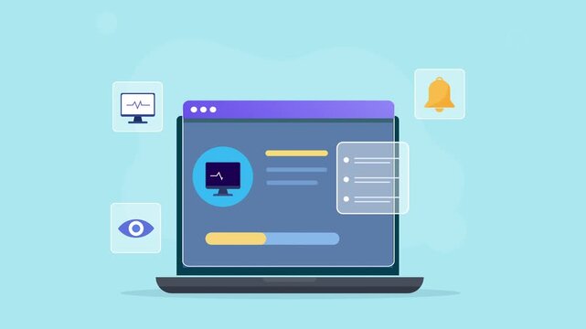 Modern flat vector animation of a laptop dashboard with website monitoring, visibility, notifications, and digital analytics interface elements for business technology concepts.
