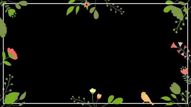 Floral border features delicate hand drawn flowers and a small bird surrounding a central empty black field.