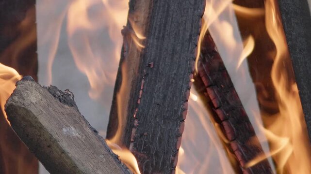 Burning firewood with glowing embers and dancing flames, creating a warm atmospheric background with natural fire movement, close-up view