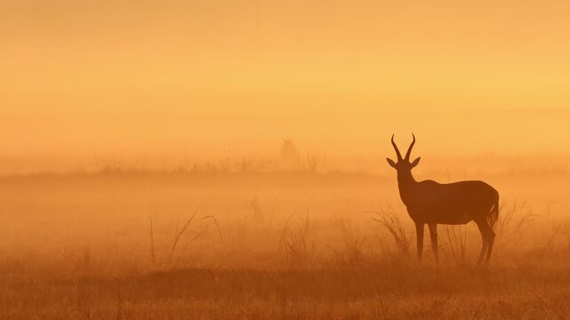 Rare brown hyena with carcass nears vigilant blesbok in sunrise mist, Africa