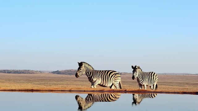 Zebras scatter after a startled warthog rushes past them at a waterhole