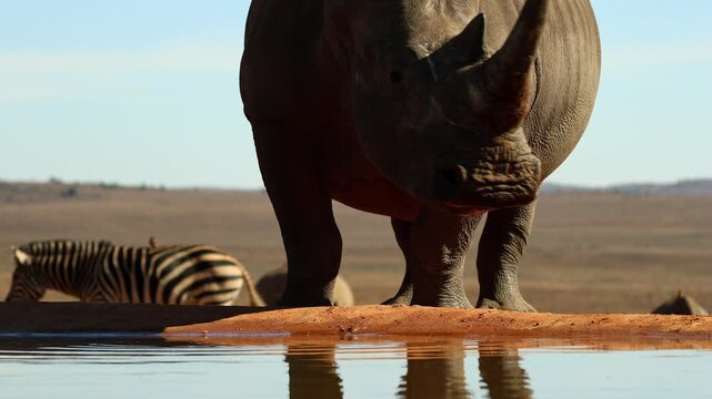 White rhino startled at waterhole runs off disturbing nearby rhinos