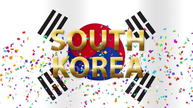 Waving South Korea Flag with Golden Text and Falling Confetti