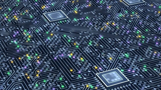 rotating intricate electronic circuit board with glowing pathways and microchips symbolizes the complex, interconnected world of modern data, loopable animation