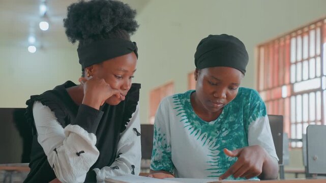 Mother tutoring child at classroom desk, guiding daughter through workbook, sunlit classroom, focused expressions, pen and notebook, patient instruction, warm supportive bond, modern school interior,