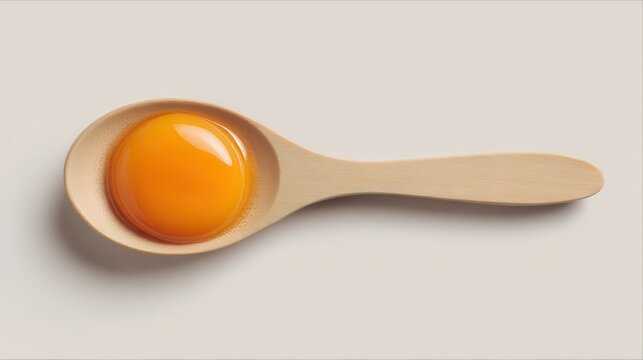 A fresh raw egg yolk rests in a wooden spoon on a light background. Ideal for cooking and recipe concepts.