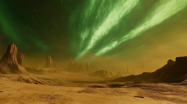 Majestic green aurora over rugged martian landscape with rocky terrain