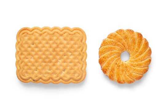 Square and round shortbread cookies isolated on white background. Sweet baked snack for breakfast or dessert. Food photography for bakery and confectionery concept.